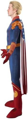 Adult Homelander Costume Mens Blue Uniform Jumpsuit with Flag Cape Eagle Epaulets