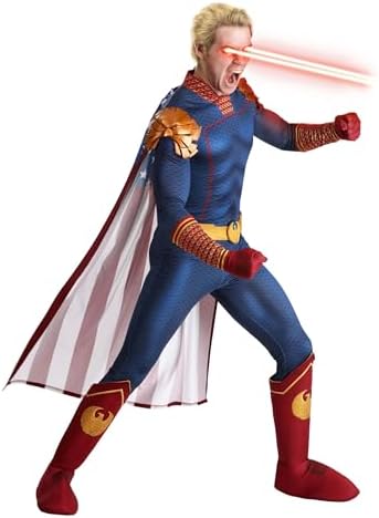 Adult Homelander Costume Mens Blue Uniform Jumpsuit with Flag Cape Eagle Epaulets