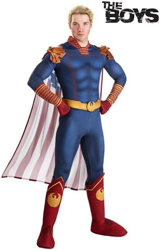 Adult Homelander Costume Mens Blue Uniform Jumpsuit with Flag Cape Eagle Epaulets