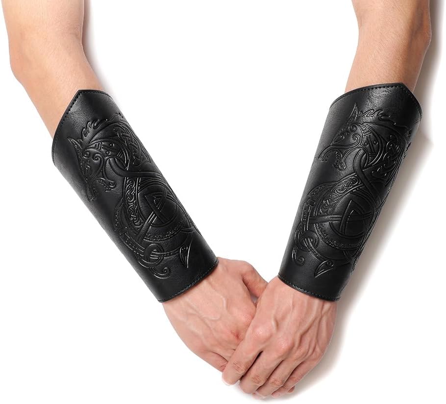 Viking LARP Adjustable Bracers with Dragon Embossing