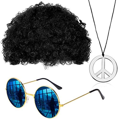 Gejoy Hippie Costume Set Funky Afro Wig Sunglasses Peace Sign Necklace