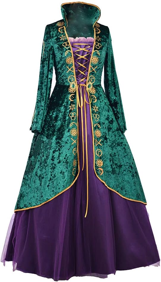 Womens Plus Size Medieval Green Velvet Dress Halloween Witch Costume Robe