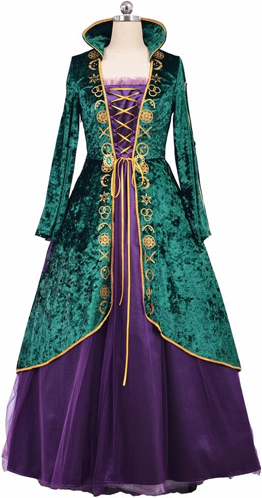 1791s Lady Halloween Witch Costume - Green Velvet Dress for Women
