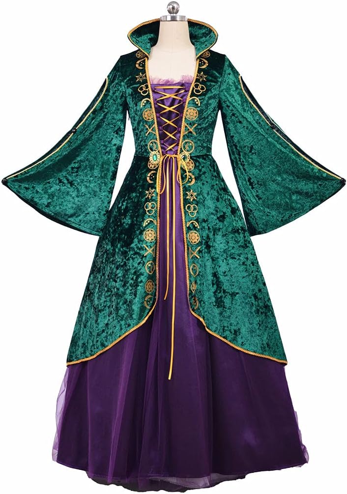 Womens Plus Size Medieval Green Velvet Dress Halloween Witch Costume Robe