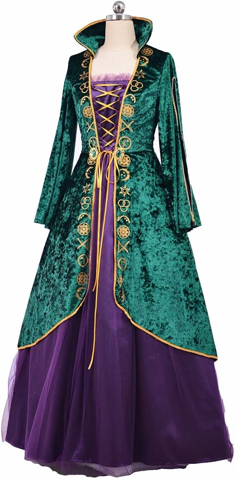 Womens Plus Size Medieval Green Velvet Dress Halloween Witch Costume Robe