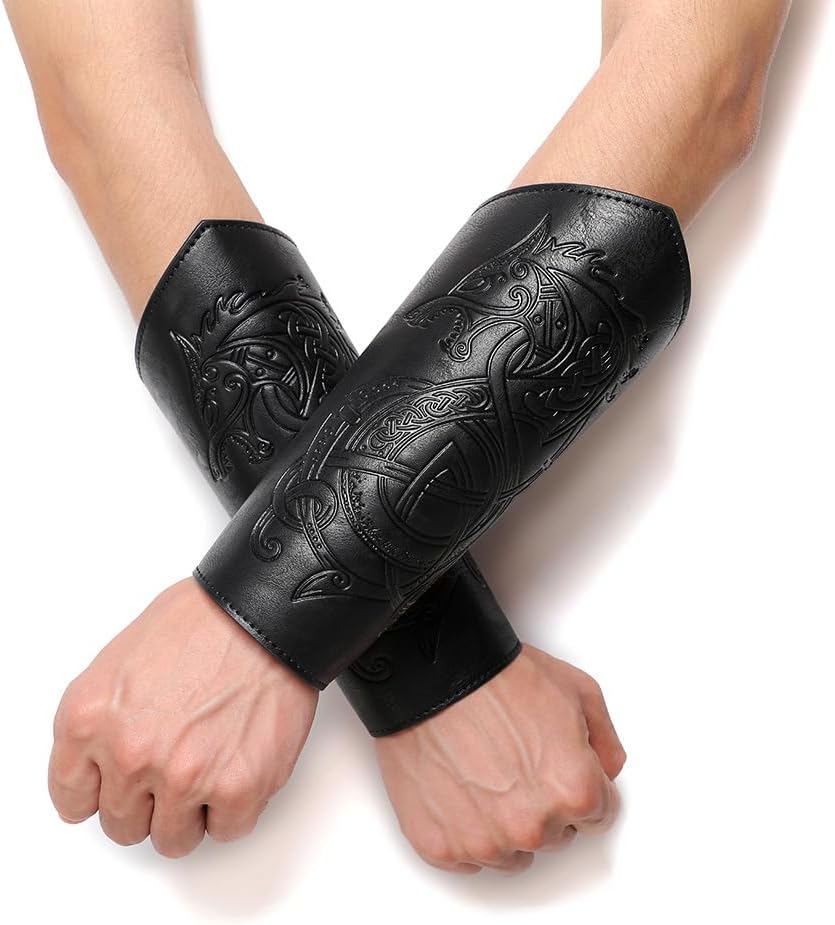 Viking LARP Adjustable Bracers with Dragon Embossing