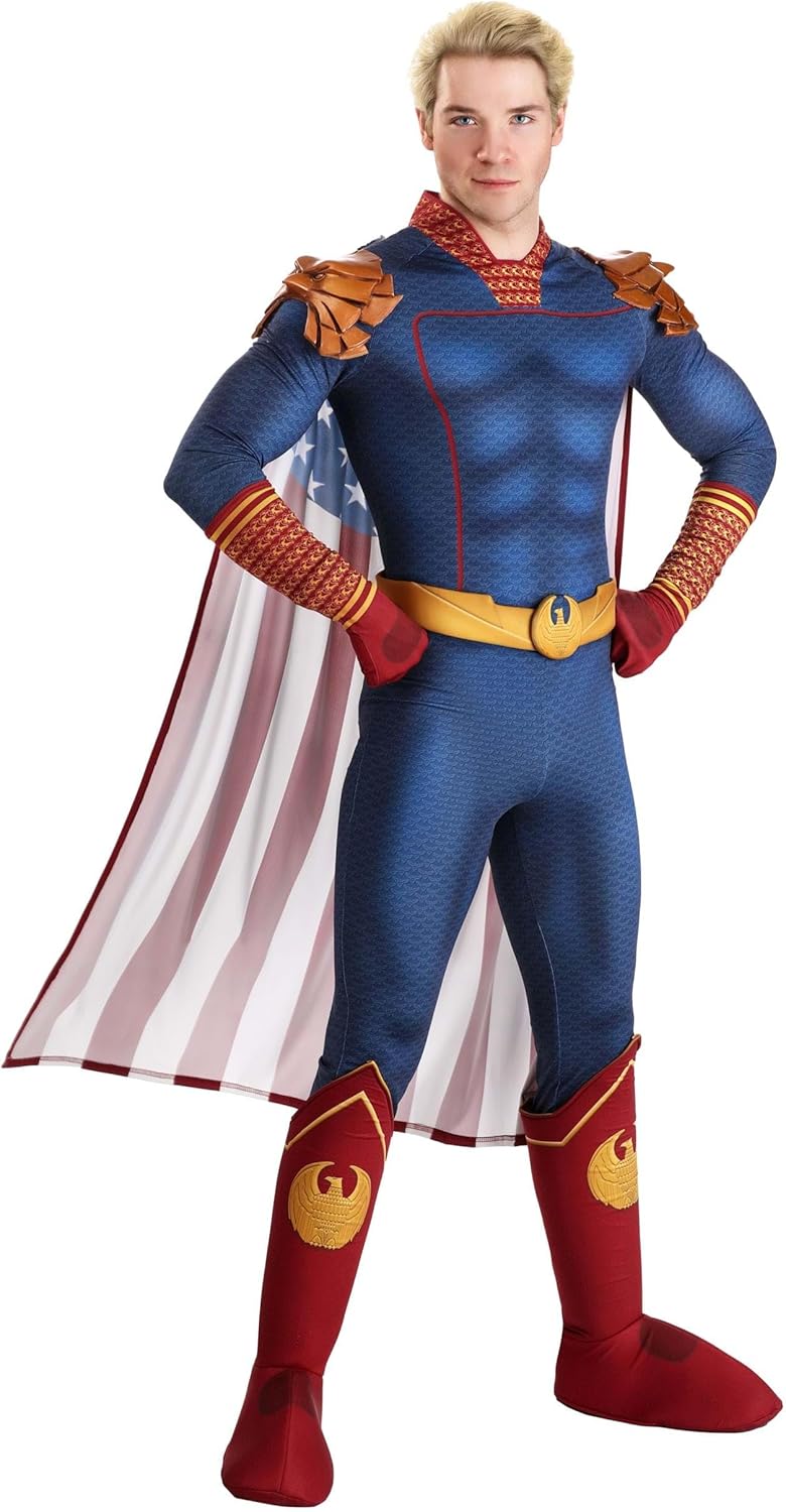 Adult Homelander Costume Mens Blue Uniform Jumpsuit with Flag Cape Eagle Epaulets