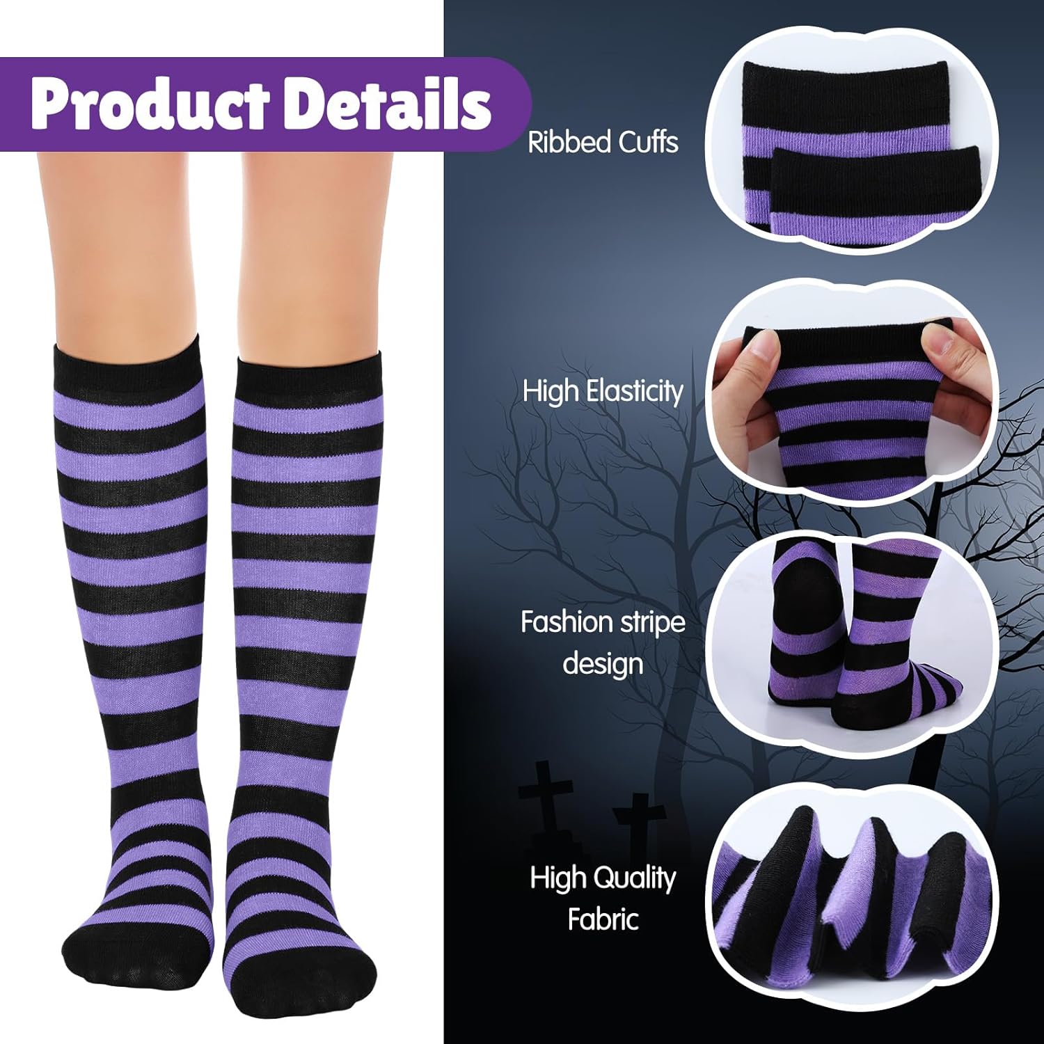 3 Pairs Girls Spooky Halloween Striped Socks for Long Investments