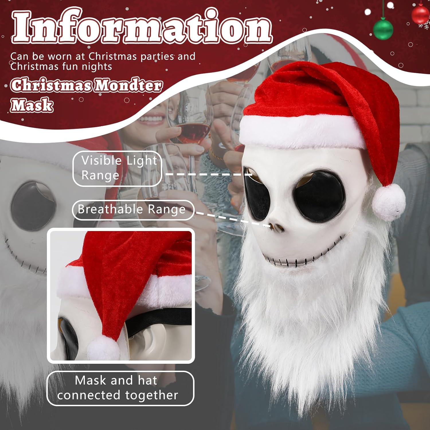 2x Jack Skellington Santa Mask Costume for Adults