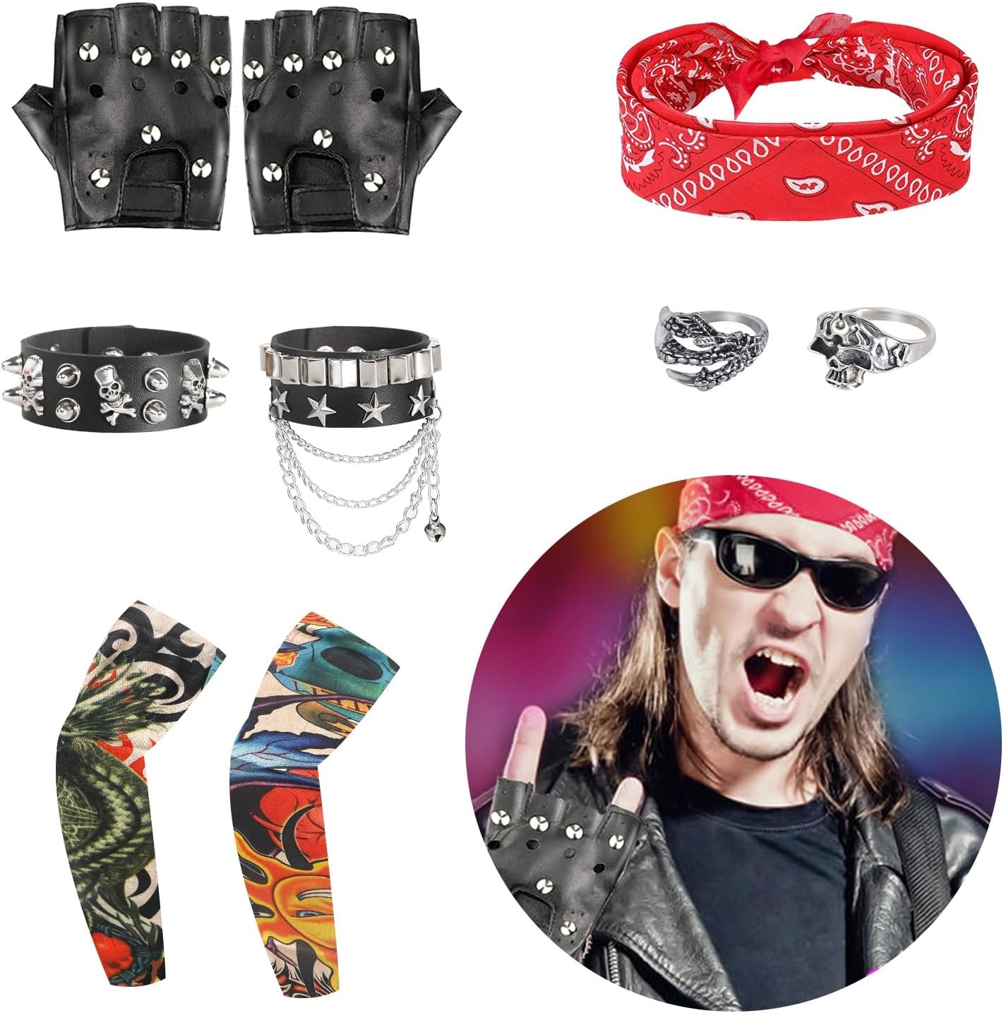 9-Piece Rockstar Punk Accessories Set for Men