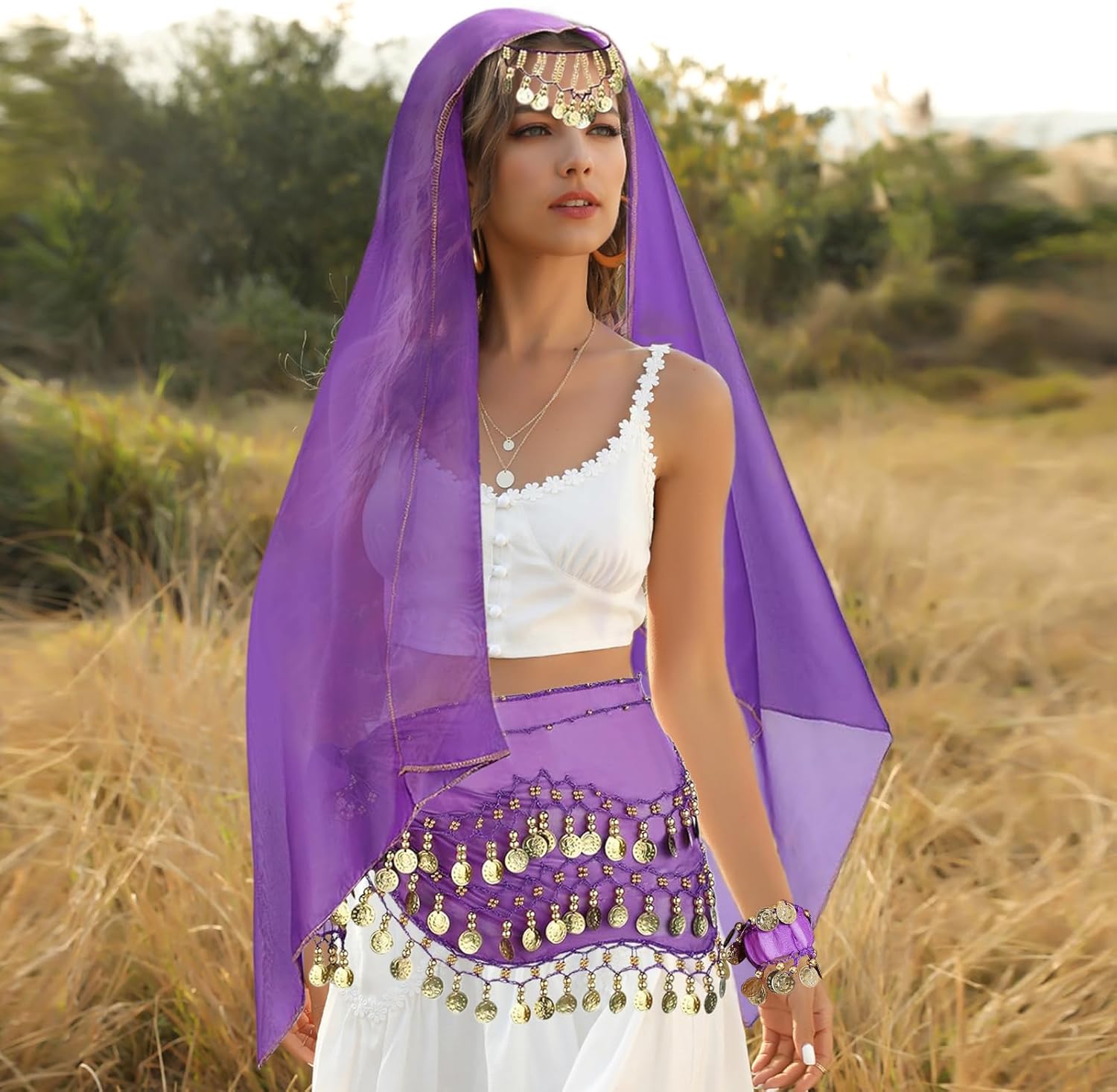 Belly Dance Outfit Set for Women - Chiffon Hip Scarf Gold Coins