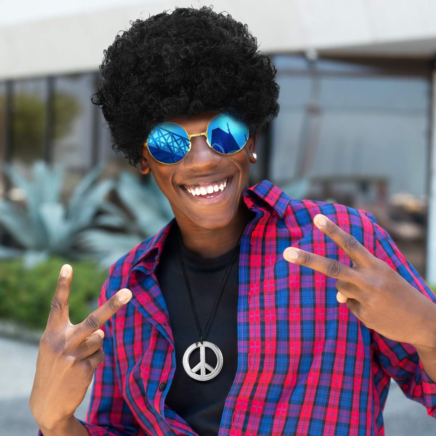 Gejoy Hippie Costume Set Funky Afro Wig Sunglasses Peace Sign Necklace