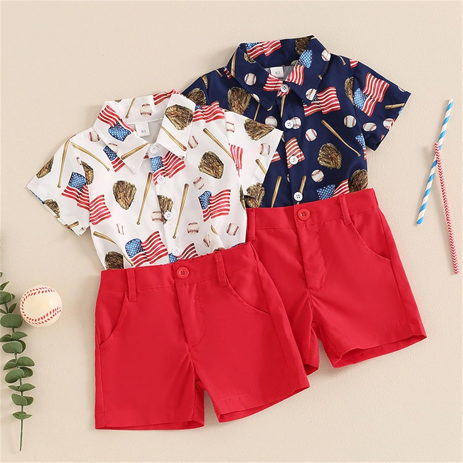 Checkered Baseball Summer T-Shirt 2Pcs for Baby Boys Girls