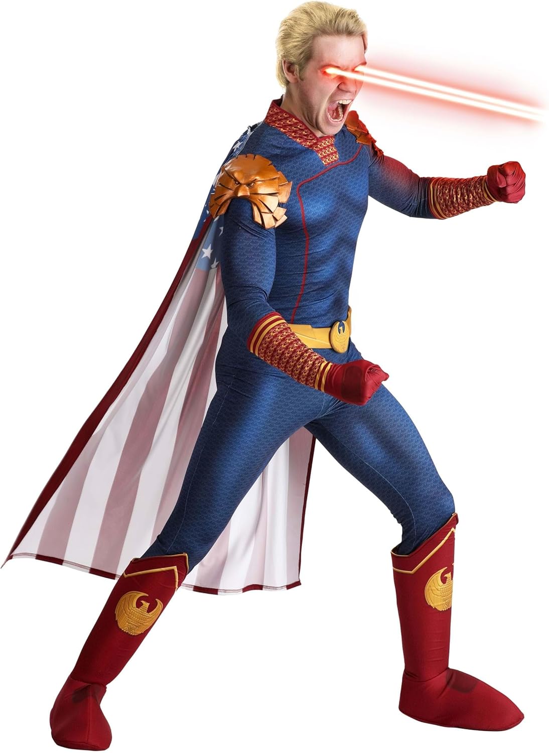 Adult Homelander Costume Mens Blue Uniform Jumpsuit with Flag Cape Eagle Epaulets