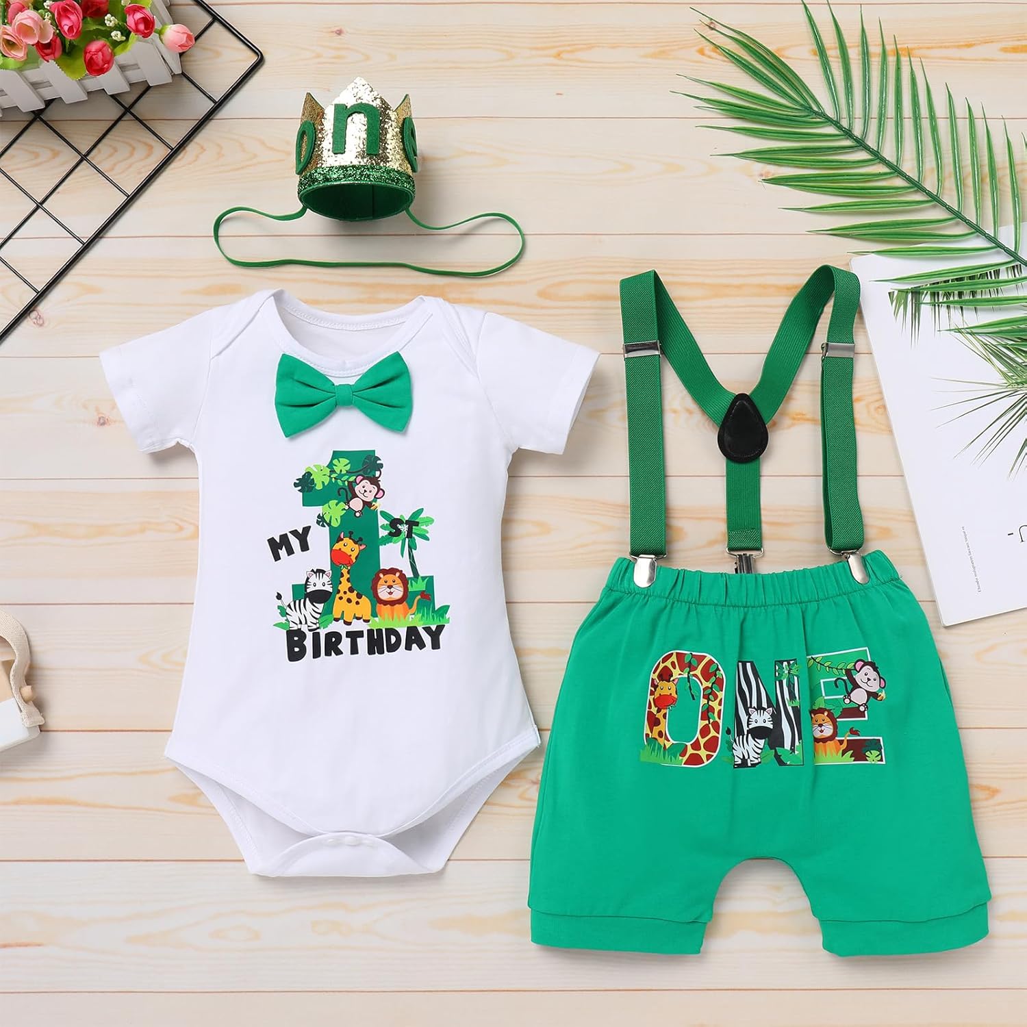 IBTOM CASTLE Baby Boy 1st Birthday Jungle Animal Romper Bloomers Set 3pcs