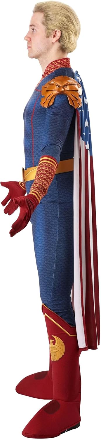 Adult Homelander Costume Mens Blue Uniform Jumpsuit with Flag Cape Eagle Epaulets