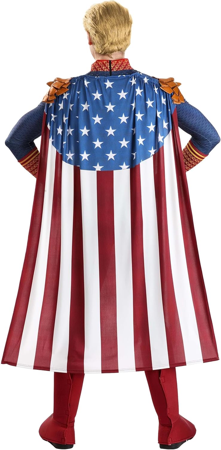 Adult Homelander Costume Mens Blue Uniform Jumpsuit with Flag Cape Eagle Epaulets