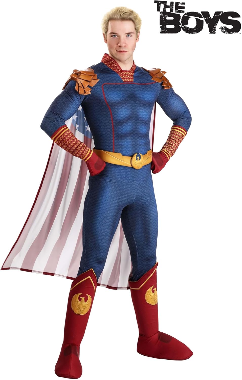 Adult Homelander Costume Mens Blue Uniform Jumpsuit with Flag Cape Eagle Epaulets
