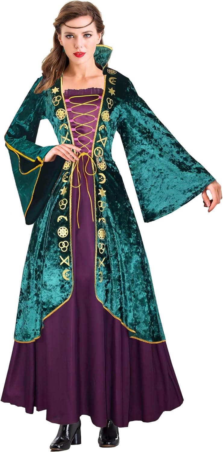 BICOPU Womens Medieval Witch Plus Size Orange Velvet Costume Robe