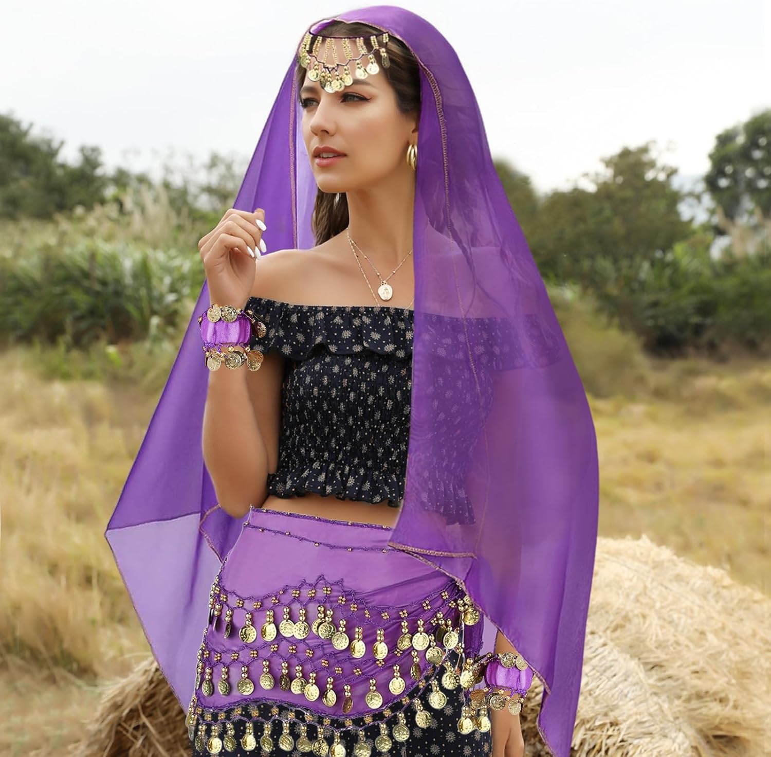 Belly Dance Outfit Set for Women - Chiffon Hip Scarf Gold Coins