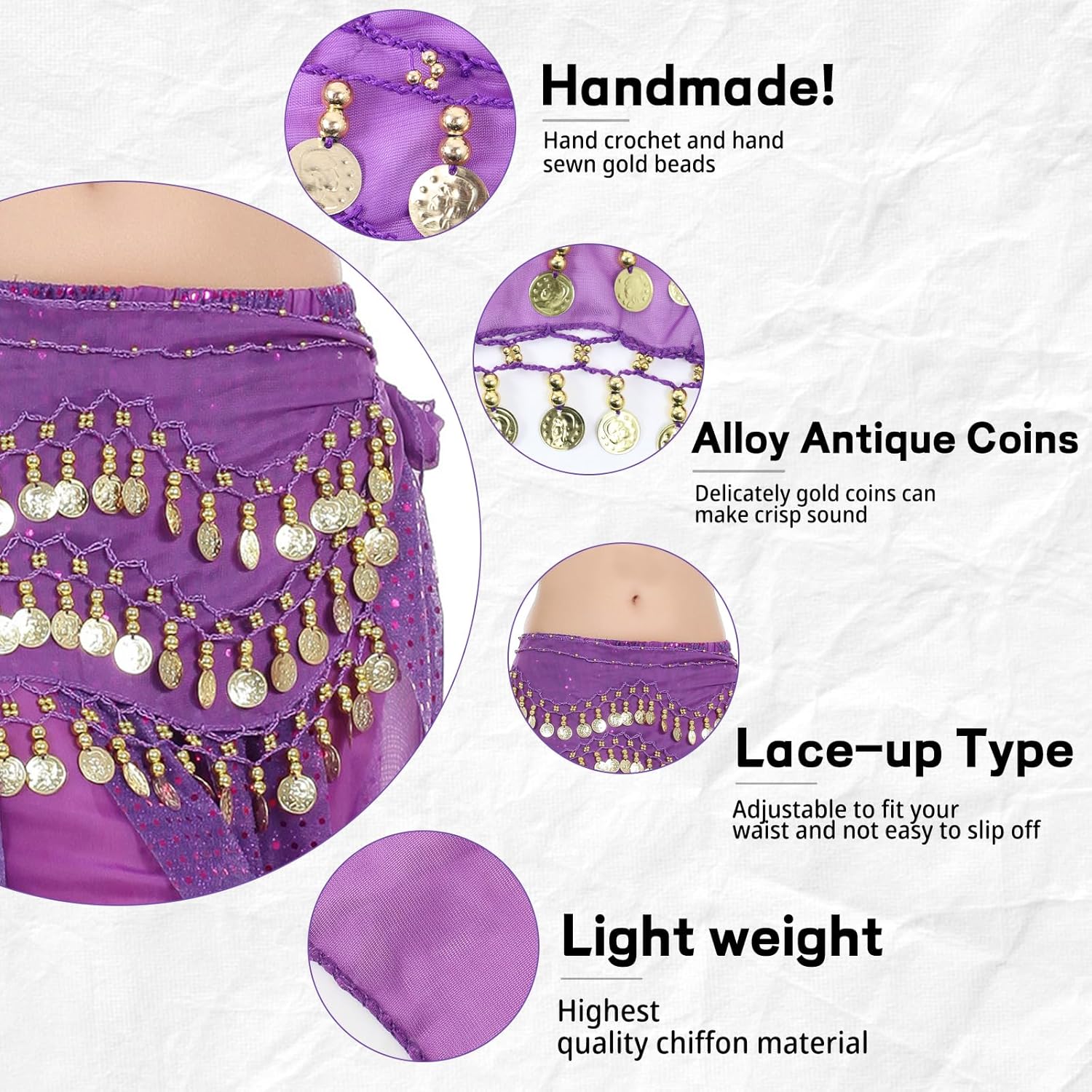 Belly Dance Outfit Set for Women - Chiffon Hip Scarf Gold Coins