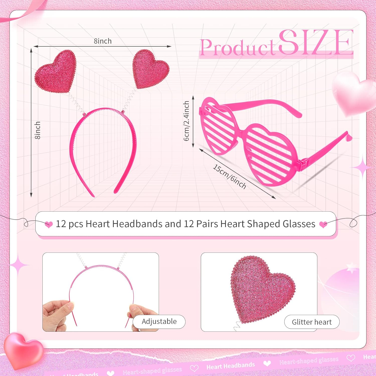 24 Pcs Feb 24 Heart Headbands Sunglasses for Valentines Day