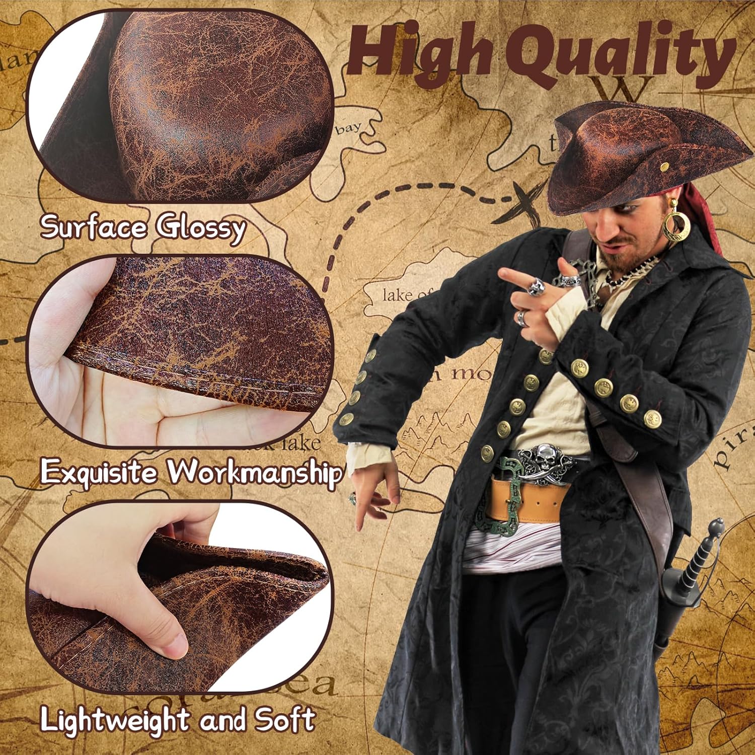 Xeehwb Brown Faux Leather Pirate Hat - Perfect Roleplay Accessory