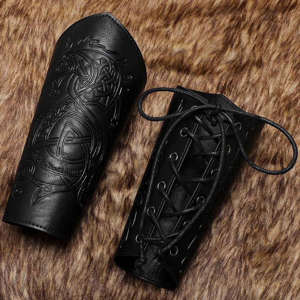 Viking LARP Adjustable Bracers with Dragon Embossing