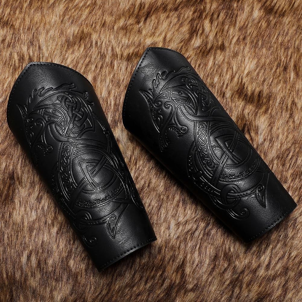 Viking LARP Adjustable Bracers with Dragon Embossing