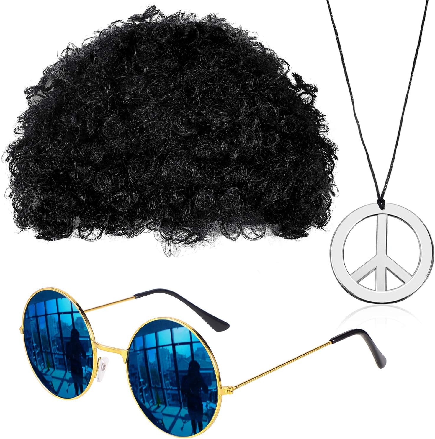 Gejoy Hippie Costume Set Funky Afro Wig Sunglasses Peace Sign Necklace