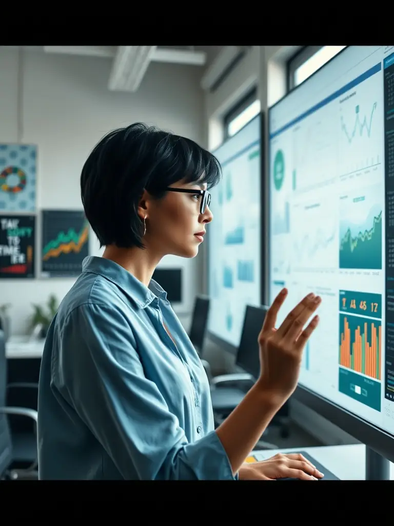 An expert analyzing data analytics dashboards, highlighting DEANDERTECH LTD's data-driven insights and decision-making capabilities.