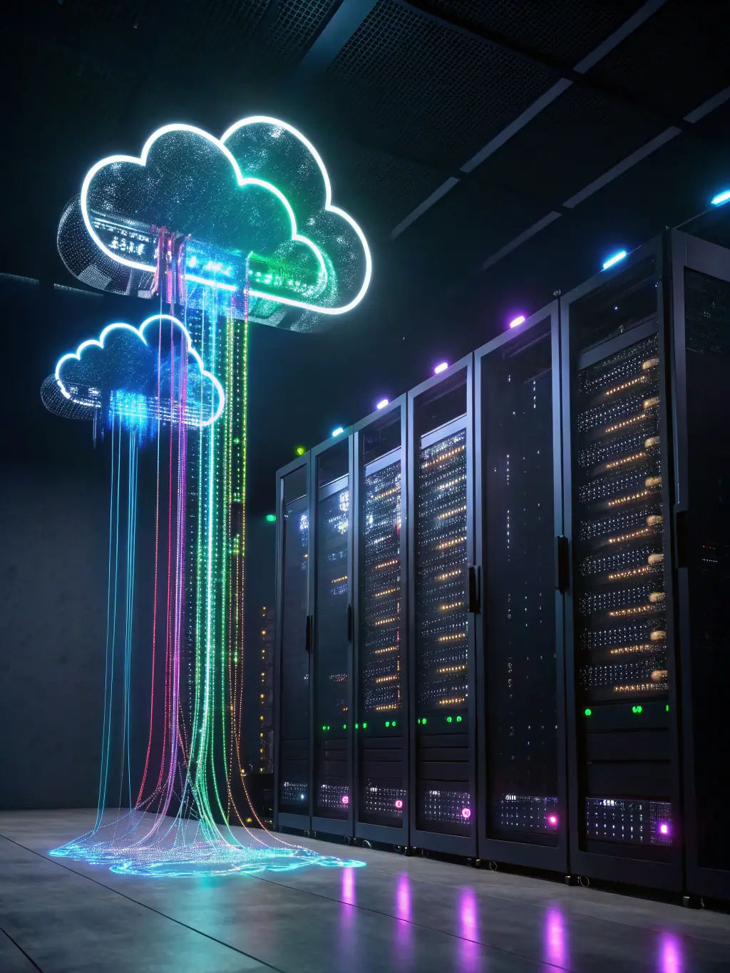 A visual representation of cloud computing, showing interconnected servers and devices, symbolizing seamless data flow and accessibility.