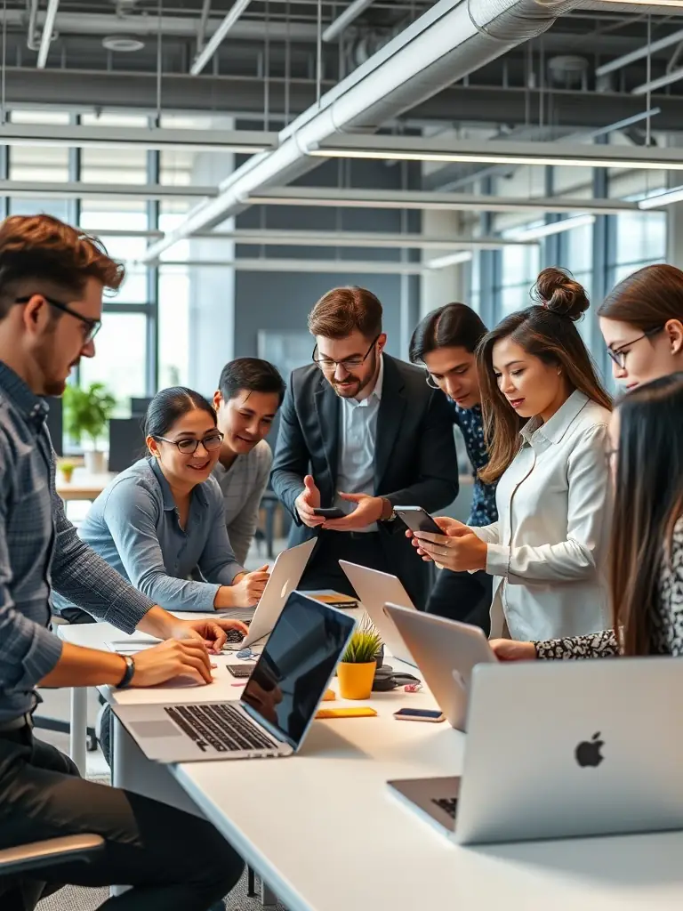 A professional photograph of a diverse team of technology consultants collaborating around a table, reviewing data on laptops and tablets, with a whiteboard displaying strategic diagrams in the background. The setting is a modern, glass-walled office, conveying expertise and teamwork.