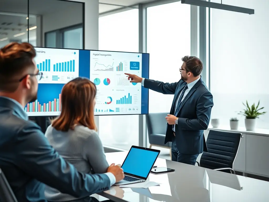 A consultant is presenting a digital transformation strategy to a retail client, showcasing enhanced online presence and streamlined operations.