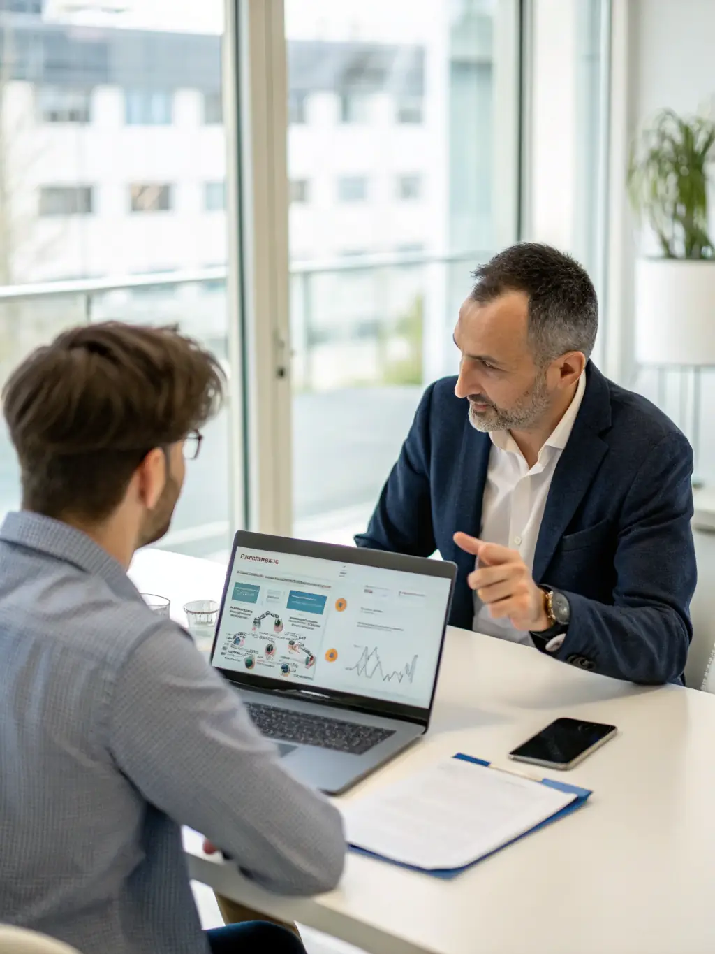 A consultant presenting a strategic technology roadmap to a client in a modern office, emphasizing future growth and innovation.